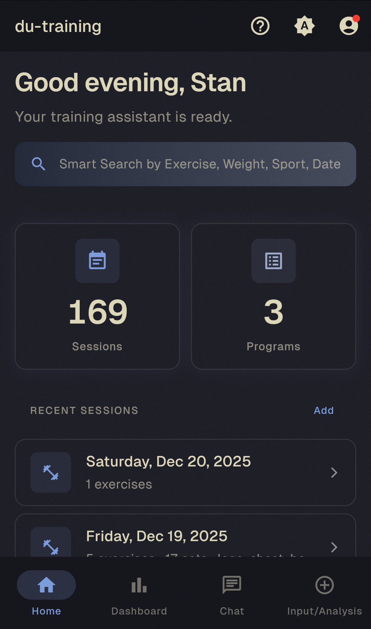 du-training gym tracker home screen showing recent workout sessions