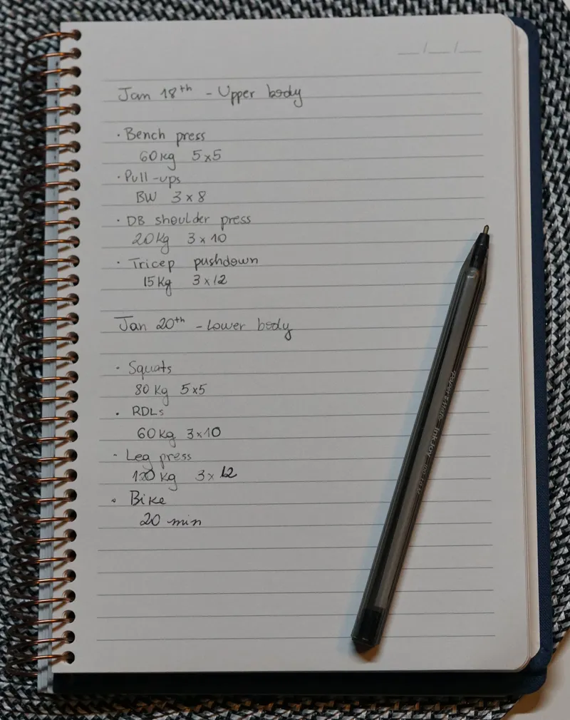 Handwritten workout log
